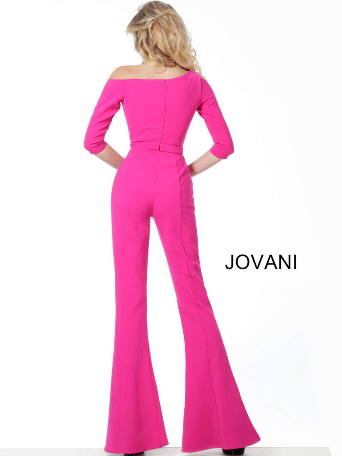 Sophisticated Jovani 1867 jumpsuit in fuchsia with wide-leg pants.