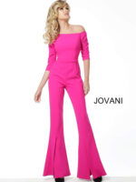 Front view of Jovani 1867 fuchsia jumpsuit featuring off-the-shoulder style.