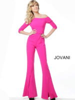 Detailed back view of Jovani 1867 jumpsuit in fuchsia, highlighting the design.