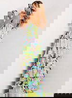 Draped Neck Floral Ruffle Gown