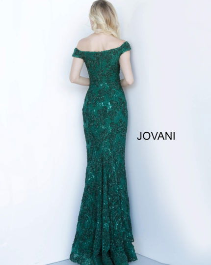 Model wearing Jovani 1910 green dress with off-the-shoulder neckline and mermaid silhouette from the back