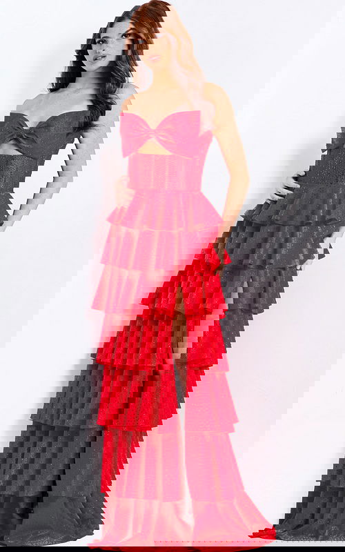 Strapless tiered gown with bow bodice and glittered ruffles