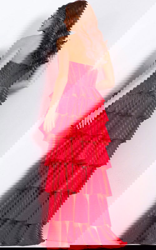 Ruffled layered formal gown with sweetheart neckline and slit