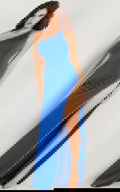 Model wearing Jovani 22222 royal gown featuring a one-shoulder design with embellishments and high slit, front view.