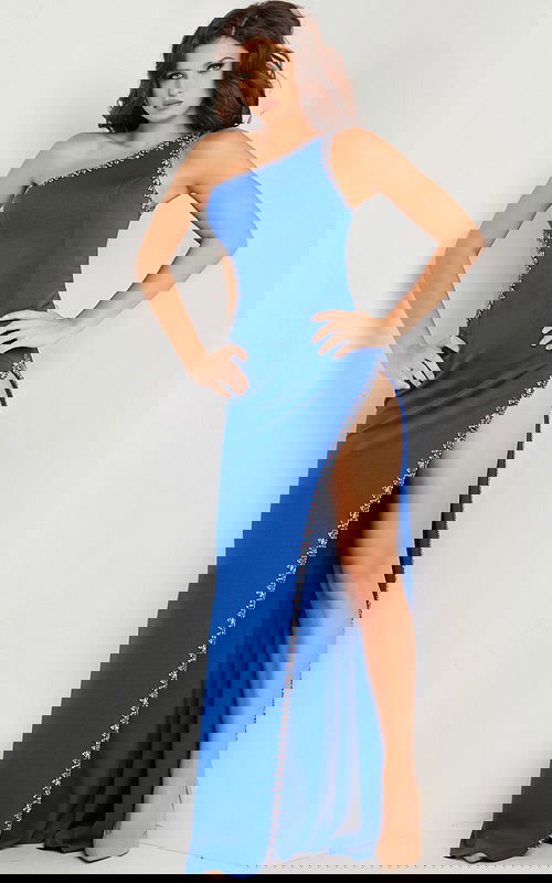 Model wearing Jovani 22222 royal gown with one-shoulder neckline and high slit, front full-length view.