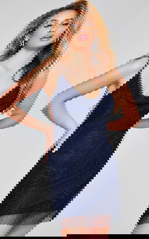 Close-up of Jovani 22295 navy dress with sparkling mesh overlay, front view.