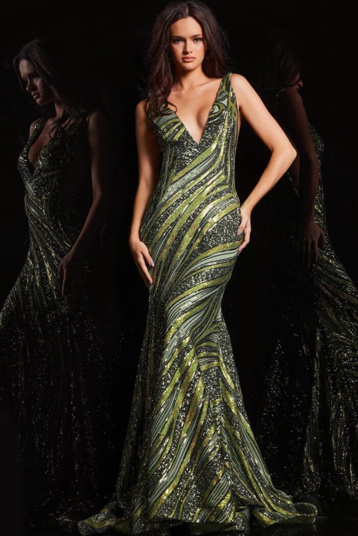 Front view of model in Jovani 22314 purple dress, featuring a deep V-neckline and beaded embellishments.