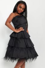 Model posing in Jovani K22326 black dress with A-line silhouette and feather trim.