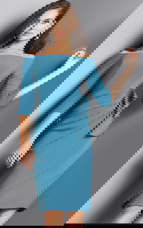 Model wearing Jovani 07442 elegant teal knee-length dress with off-the-shoulder neckline and side bow detail