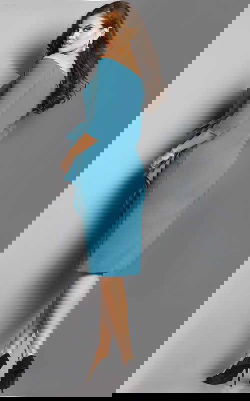 Back view of model in Jovani 07442 teal blue dress with off-the-shoulder neckline and three-quarter sleeves