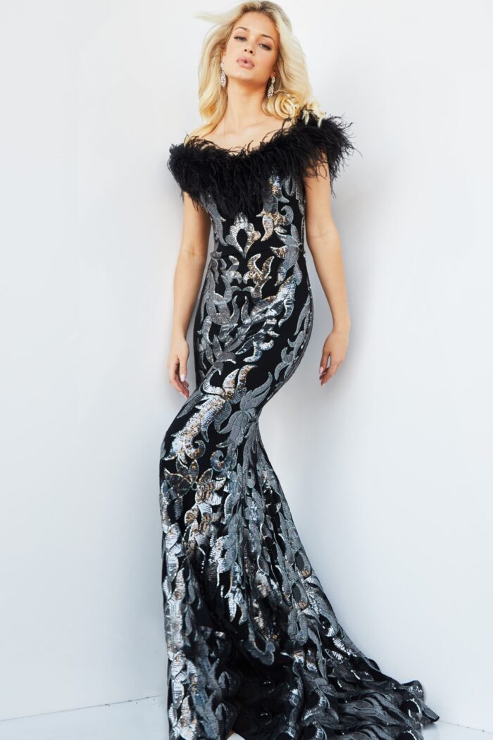 Model wearing Jovani 22346 black gown with metallic embroidery and feathered neckline, front view.