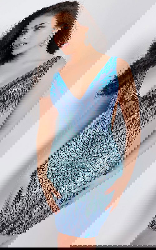 Model wearing Jovani 22351 blue dress, displaying detailed patterns, front angle view.