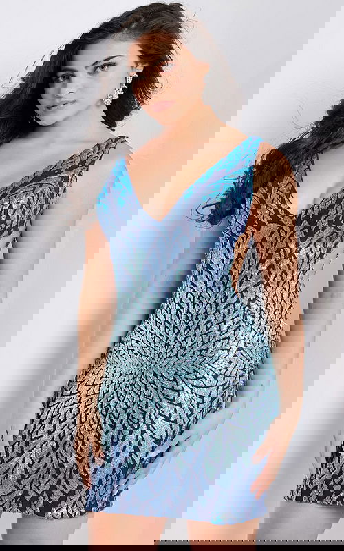 Model wearing Jovani 22351 blue dress with plunging neckline and intricate patterns, front view.