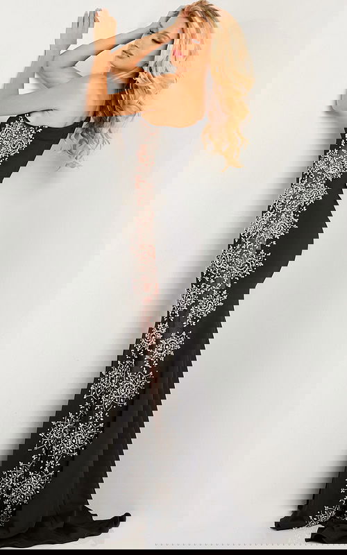 Model wearing Jovani 22500 black one-shoulder gown with sequin appliqué, back view