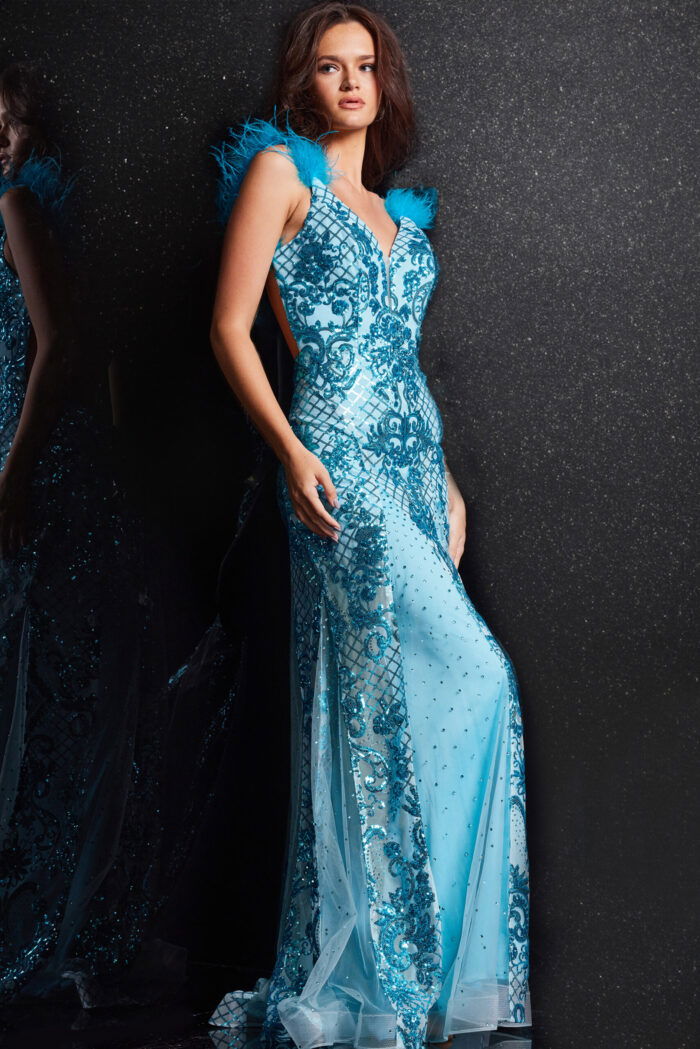 Model showcasing Jovani 22507 blue dress with detailed beadwork design