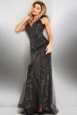 Elegantly crafted Jovani 22507 black gown with beading, front view