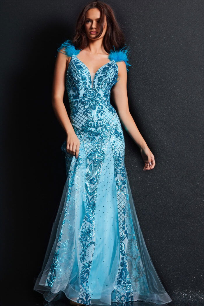 Model in Jovani 22507 dress, front view highlighting intricate beading