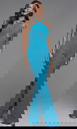 Halter neck jumpsuit with front twist detail, fitted waist, and sleek wide leg silhouette