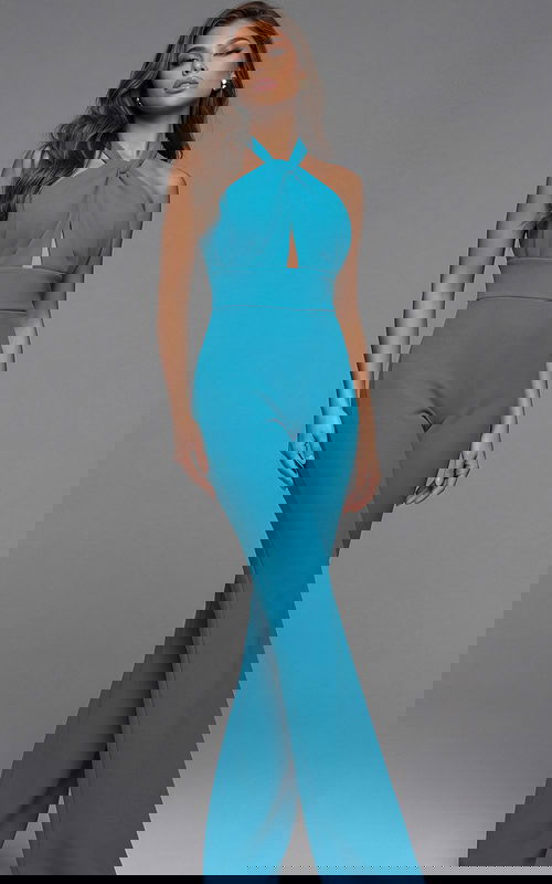 Halter neck jumpsuit with front twist detail, fitted waist, and sleek wide leg silhouette