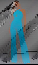 Halter neck fitted jumpsuit with front keyhole detail, wide-leg silhouette, and clean tailored finish