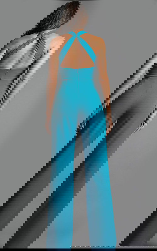 Back view of halter neck jumpsuit with open back, fitted waist, and wide leg silhouette