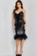 Front view of model in Jovani 22544 black sequin dress.