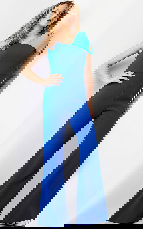 Model wearing Jovani 22589 royal blue jumpsuit with one-shoulder and bow detail, front view.