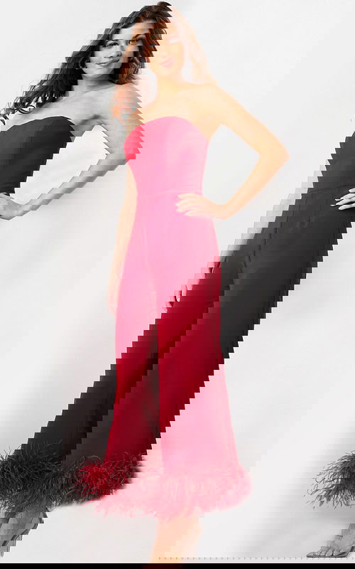 Model wearing Jovani 22590 elegant red strapless jumpsuit with feathered hems, front view.