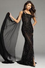black fitted dress with sheer cape 23701