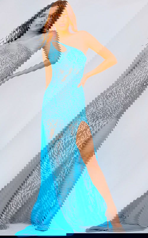 Model wearing Jovani 22602 turquoise dress with one-shoulder neckline and high slit, front view.