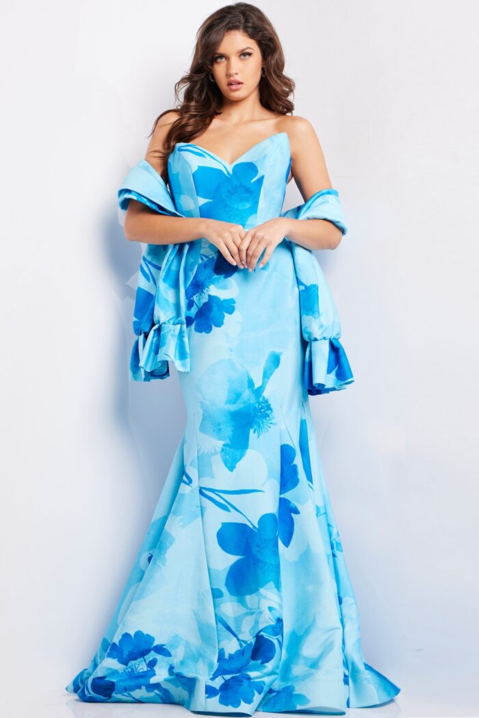 Model wearing Jovani 22706 blue mermaid gown with sweetheart neckline