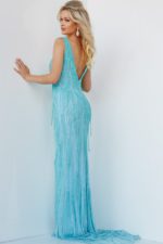 Model wearing Jovani 22712 in turquoise, back view