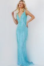 Model wearing Jovani 22712 in turquoise, front view