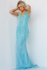 Model wearing Jovani 22712 in turquoise, side front view