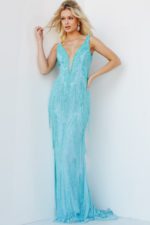 Model wearing Jovani 22712 in turquoise, angled front view