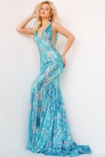 model wearing Jovani 22770 green sequin gown back view