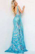 model wearing Jovani 22770 green sequin mermaid gown back view