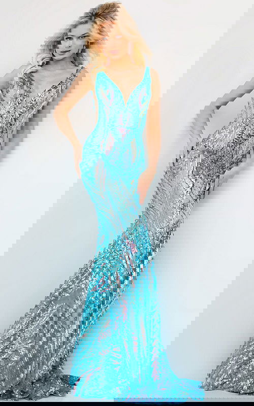 model wearing Jovani 22770 green sequin mermaid gown front view