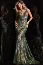 model wearing Jovani 22770 pink sequin mermaid gown standing at fountain