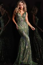 model wearing Jovani 22770 pink sequin mermaid gown back view in garden