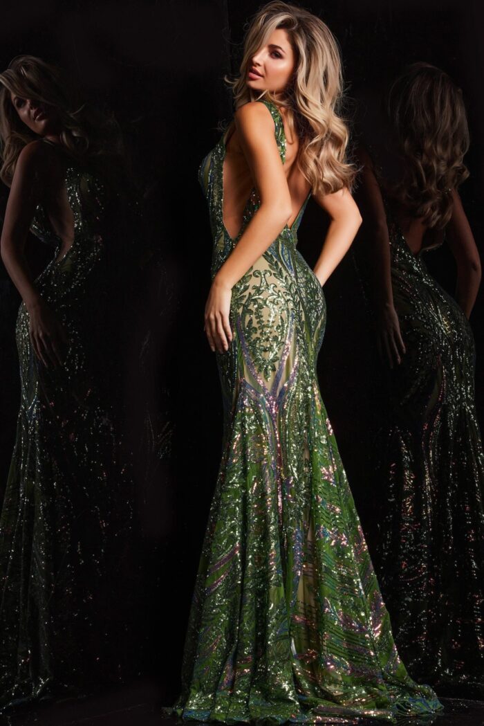 model wearing Jovani 22770 purple sequin mermaid gown front view with smile