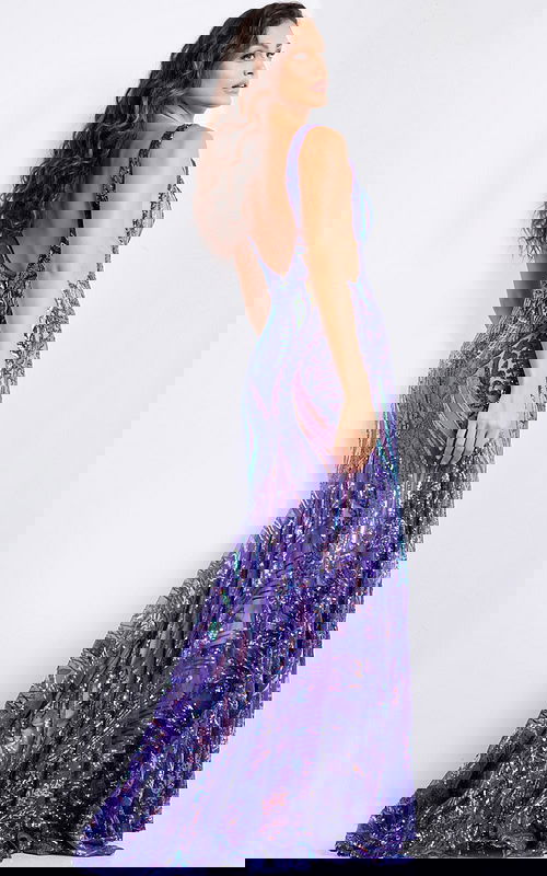 model wearing Jovani 22770 purple sequin mermaid gown back view flowing