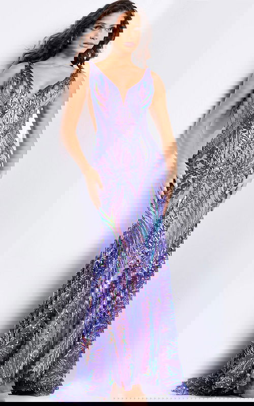 Model wearing Jovani 22770 purple dress with V-neckline and mermaid silhouette, front view.