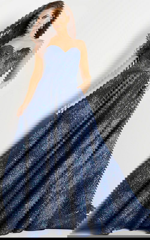 Model wearing Jovani 22792 navy gown showcasing a front view.