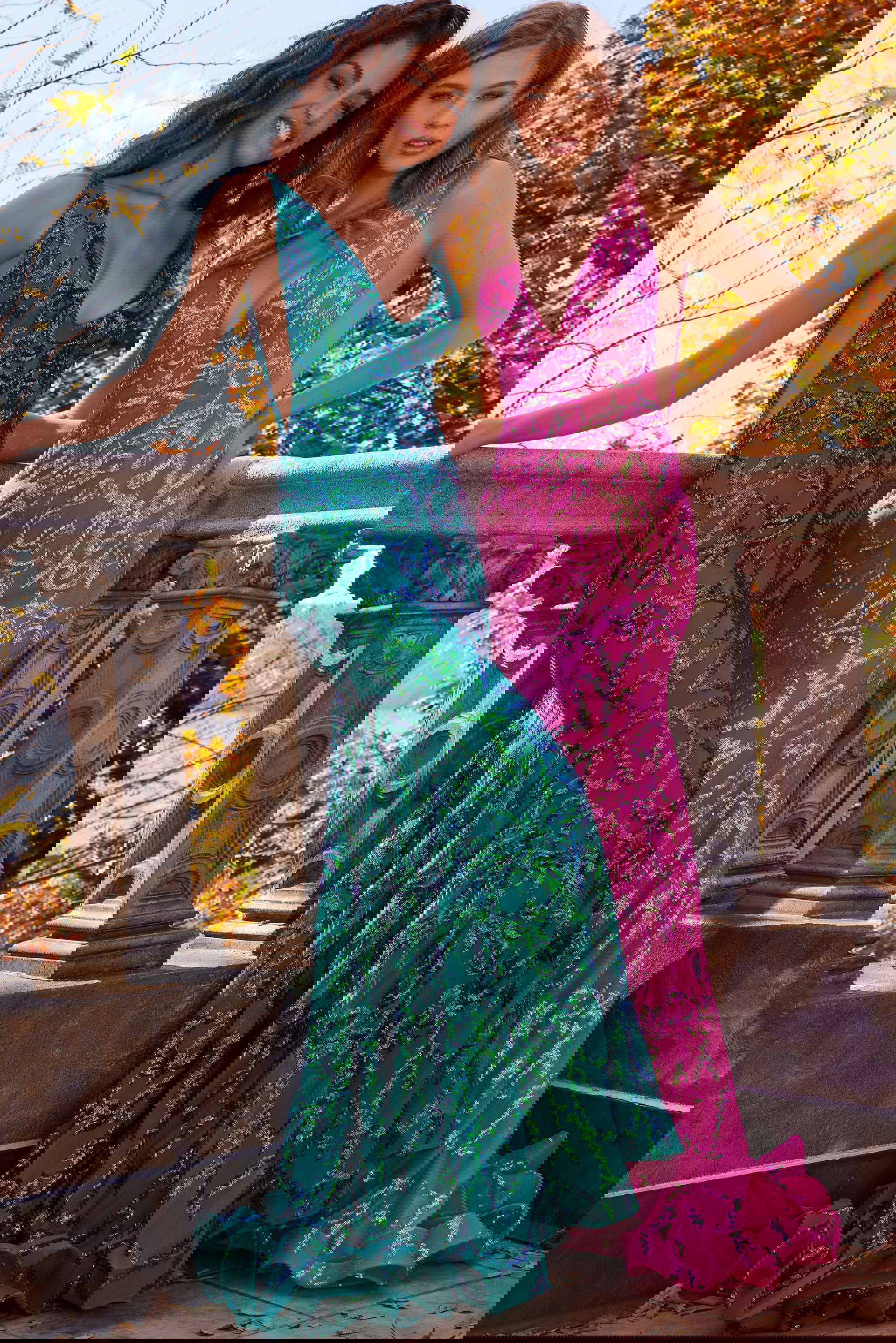 22811-mermaid-dresses models wearing Jovani 22811 green and pink sequin mermaid dresses