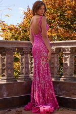 model wearing Jovani 22811 blush sequin mermaid dress back view