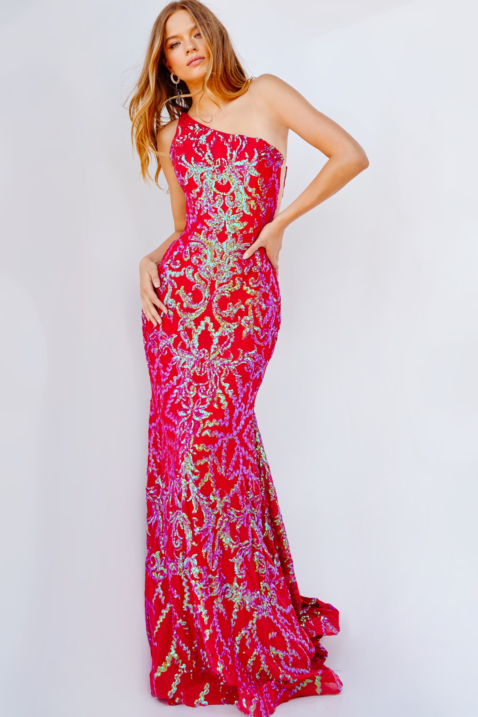 22845-IRRRED-203.jpeg model wearing Jovani 22845 red one-shoulder dress front view with sequins