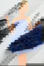 Model wearing Jovani 22901 navy strapless dress showcasing the style and details from the front.