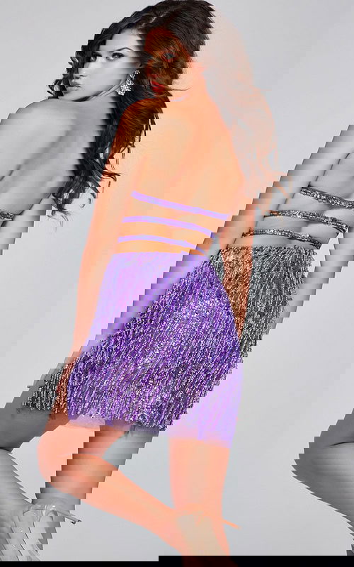 Back view of model in Jovani 23009 purple dress with open back and sequin bands.