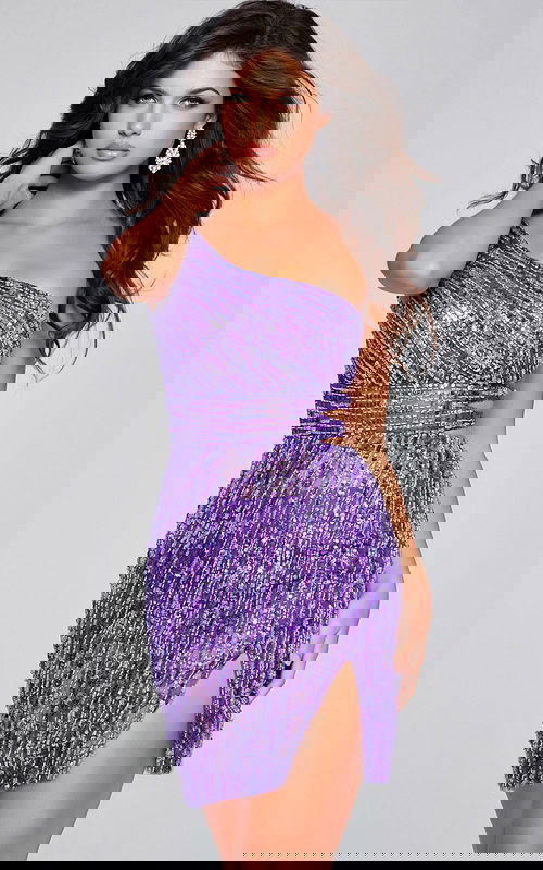 Model wearing Jovani 23009 purple dress with one-shoulder neckline and cut-out waist detail.